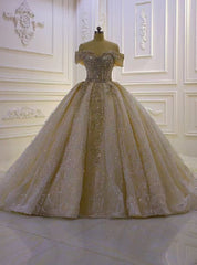 Luxury Champagne Tulle Sequins Off the Shoulder Beading Wedding Dresses