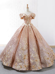 Luxury Gold Ball Gown Sequins Off The Shoulder Appliques Wedding Dress