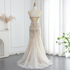 Luxury Mermaid Crystal Pearls Nude Tulle Long Prom Dresses