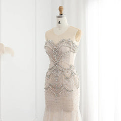 Luxury Mermaid Crystal Pearls Nude Tulle Long Prom Dresses