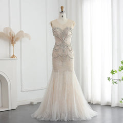 Luxury Mermaid Crystal Pearls Nude Tulle Long Prom Dresses