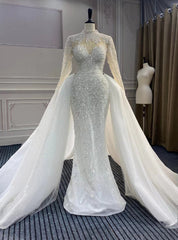 Luxury Mermaid Tulle Long Sleeve Beading Pearls Wedding Dresses