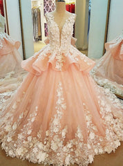 Luxury Pink Ball Gown Tulle Appliques Long Train Wedding Dresses