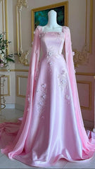 Luxury Pink Satin Long A Line Evening Dresses Pretty Appliques Prom Dresses