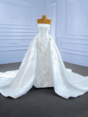 Luxury White Satin Strapless Appliques Beading Wedding Dresses