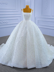 Luxury White Tulle Sequins Beading Straps Wedding Dress