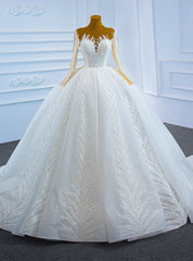 Luxury White Tulle Sequins Long Sleeve Wedding Dresses