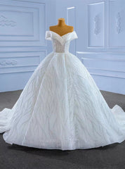 Luxury White Tulle Sequins Off the Shoulder Beading Wedding Dresses