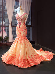 Luxury Yellow Mermaid Satin Orange Flower V-neck Beading Prom Dress