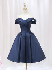 Blue V-neckline Satin Off Shoulder Party Dresses, A-Line Blue Short Evening Prom Dresses