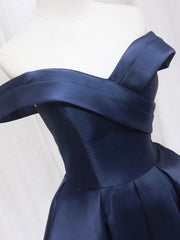 Blue V-neckline Satin Off Shoulder Party Dresses, A-Line Blue Short Evening Prom Dresses