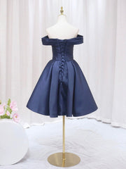 Blue V-neckline Satin Off Shoulder Party Dresses, A-Line Blue Short Evening Prom Dresses