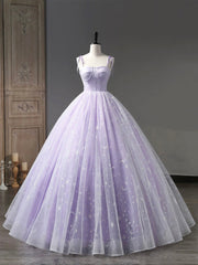 Light Purple Tulle Straps Long Prom Dresses, Purple A-Line Princess Dresses