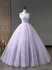 Light Purple Tulle Straps Long Prom Dresses, Purple A-Line Princess Dresses