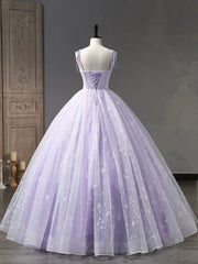 Light Purple Tulle Straps Long Prom Dresses, Purple A-Line Princess Dresses