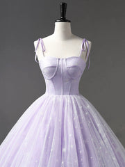 Light Purple Tulle Straps Long Prom Dresses, Purple A-Line Princess Dresses