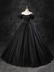 Black Sparkly Tulle Off the Shoulder Long Formal Dresses, Elegant A-Line Black Evening Party Dresses