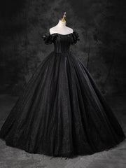 Black Sparkly Tulle Off the Shoulder Long Formal Dresses, Elegant A-Line Black Evening Party Dresses