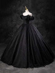 Black Sparkly Tulle Off the Shoulder Long Formal Dresses, Elegant A-Line Black Evening Party Dresses