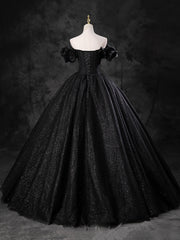 Black Sparkly Tulle Off the Shoulder Long Formal Dresses, Elegant A-Line Black Evening Party Dresses