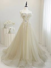 Cute Tulle Sequins Floor Length Prom Dresses, Beautiful Spaghetti Strap Evening Party Dresses