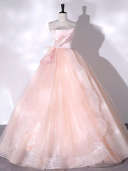 Pink Strapless Tulle Long Formal Dresses, Pink A-line Prom Dresses with Feathers