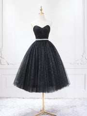 Black Shiny Tulle Tea Length Prom Dresses, Black Strapless A-Line Party Dresses