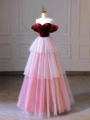 Burgundy Velvet and Layers Tulle Long Prom Dresses, Off the Shoulder A-Line Evening Party Dresses