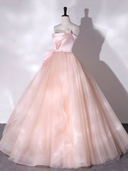 Pink Strapless Tulle Long Formal Dresses, Pink A-line Prom Dresses with Feathers