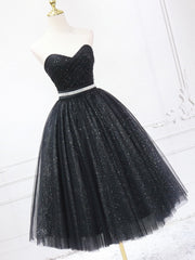 Black Shiny Tulle Tea Length Prom Dresses, Black Strapless A-Line Party Dresses