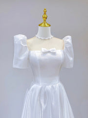 White Satin Short Sleeve Floor Length Prom Dresses, White A-Line Party Dresses