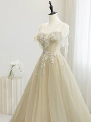 Cute Tulle Sequins Floor Length Prom Dresses, Beautiful Spaghetti Strap Evening Party Dresses