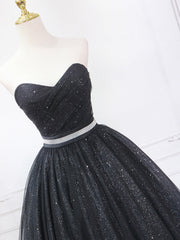 Black Shiny Tulle Tea Length Prom Dresses, Black Strapless A-Line Party Dresses