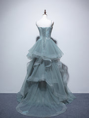 Dusty Green Spaghetti Strap Ruffled Floor-length Formal Dresses, Cute Tulle Lace Evening Party Dresses