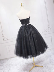 Black Shiny Tulle Tea Length Prom Dresses, Black Strapless A-Line Party Dresses