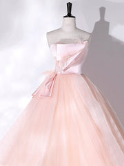 Pink Strapless Tulle Long Formal Dresses, Pink A-line Prom Dresses with Feathers