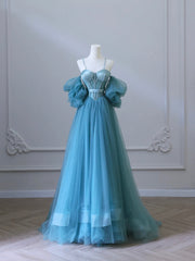 Fairy Blue Spaghetti Straps Corset Tulle Prom Dresses, Detachable off Shoulder Party Dresses