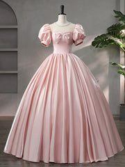 Beautiful Pink Scoop Neck Satin Floor Length Prom Dresses, A-Line Short Sleeve Evening Dresses with Bow