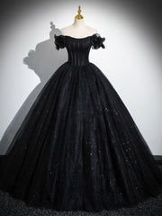 Sparkly Tulle Black Sweetheart Ball Gown, A-Line Off the Shoulder Evening Dresses