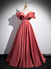 Beautiful Satin Off Shoulder Long Party Dresses, A-Line Pearl Floor Length Prom Dresses