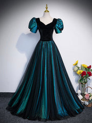 Unique Black Velvet and Tulle Long Prom Dresses, A-Line Short Sleeve Evening Party Dresses