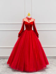 Red Velvet Tulle Floor Length Prom Dresses, Beautiful Long Sleeve Evening Party Dresses