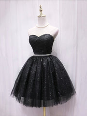 Black Strapless Tulle Knee Length Prom Dresses, Black A-Line Sweetheart Party Dresses