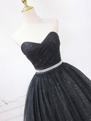 Black Strapless Tulle Knee Length Prom Dresses, Black A-Line Sweetheart Party Dresses