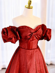 Burgundy Satin Polka Dot Tulle Prom Dresses, Lovely Floor Length Short Sleeve Evening Dresses