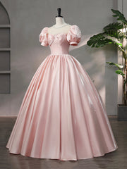 Beautiful Pink Scoop Neck Satin Floor Length Prom Dresses, A-Line Short Sleeve Evening Dresses with Bow