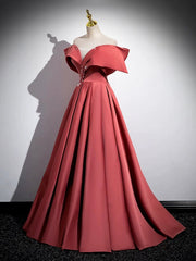 Beautiful Satin Off Shoulder Long Party Dresses, A-Line Pearl Floor Length Prom Dresses