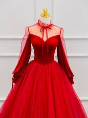 Red Velvet Tulle Floor Length Prom Dresses, Beautiful Long Sleeve Evening Party Dresses