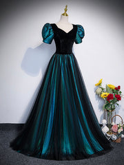 Unique Black Velvet and Tulle Long Prom Dresses, A-Line Short Sleeve Evening Party Dresses