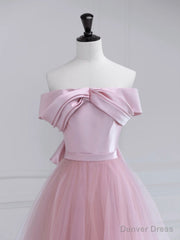 Pink Satin Tulle Long Prom Dress, Pink Off Shoulder Evening Dress